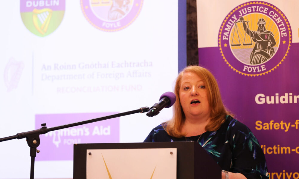 Foyle Women’s Aid/Family Justice Centre launch of research report on paramilitary-related gendered coercive control.

Justice Minister Naomi Long addresses the conference.

Credit ©Lorcan Doherty