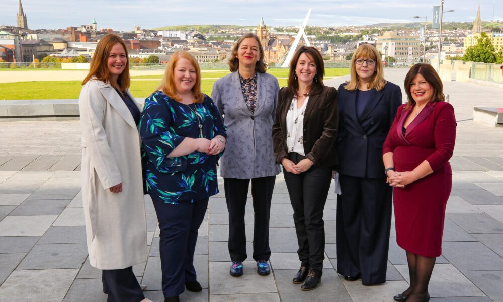 Foyle Women’s Aid/Family Justice Centre launch of research report on paramilitary-related gendered coercive control.

Justice Minister Naomi Long and Fleur Anderson, Parliament Under-Secretary of State, with from left Adele Brown, programme director, The Executive Programme on Paramilitarism and Organised Crime,  Aisling Swaine , Professor of Peace, Security & International Law, UCD, Alyson Kilpatrick, Chief Commissioner, NI Human Rights Commission, and Marie Brown, CEO, Foyle Family Justice Centre.

Credit ©Lorcan Doherty