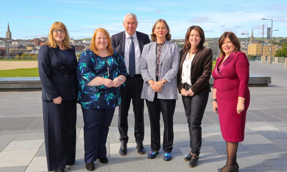 Foyle Women’s Aid/Family Justice Centre launch of research report on paramilitary-related gendered coercive control.

Justice Minister Naomi Long and Fleur Anderson, Parliament Under-Secretary of State, with from left,  Alyson Kilpatrick, Chief Commissioner, NI Human Rights Commission, Chief Constable John Boutcher, Aisling Swaine ,Professor of Peace, Security & International Law, UCD, and Marie Brown, CEO, Foyle Family Justice Centre.

Credit ©Lorcan Doherty