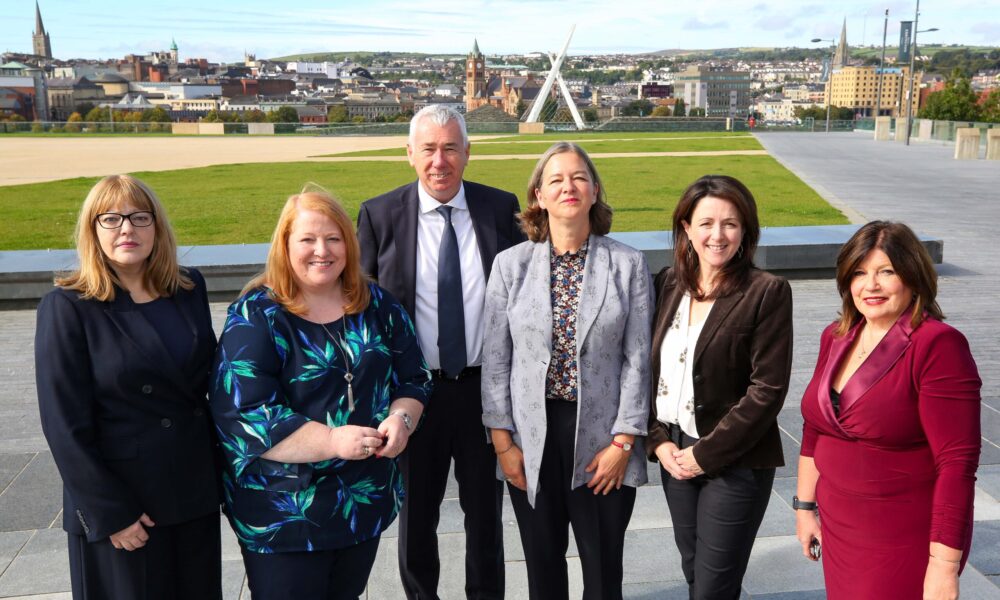 Foyle Women’s Aid/Family Justice Centre launch of research report on paramilitary-related gendered coercive control.

Justice Minister Naomi Long and Fleur Anderson, Parliament Under-Secretary of State, with from left,  Alyson Kilpatrick, Chief Commissioner, NI Human Rights Commission, Chief Constable John Boutcher, Aisling Swaine ,Professor of Peace, Security & International Law, UCD, and Marie Brown, CEO, Foyle Family Justice Centre.

Credit ©Lorcan Doherty