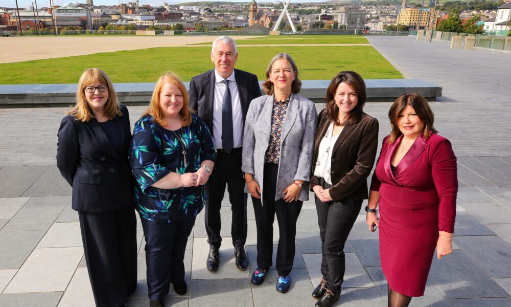 Foyle Women’s Aid/Family Justice Centre launch of research report on paramilitary-related gendered coercive control.

Justice Minister Naomi Long and Fleur Anderson, Parliament Under-Secretary of State, with from left,  Alyson Kilpatrick, Chief Commissioner, NI Human Rights Commission, Chief Constable John Boutcher, Aisling Swaine ,Professor of Peace, Security & International Law, UCD, and Marie Brown, CEO, Foyle Family Justice Centre.

Credit ©Lorcan Doherty