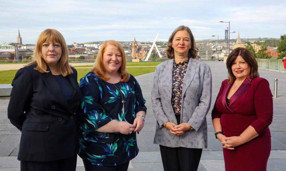 Foyle Women’s Aid/Family Justice Centre launch of research report on paramilitary-related gendered coercive control.

Justice Minister Naomi Long and Fleur Anderson, Parliament Under-Secretary of State, with from left,  Alyson Kilpatrick, Chief Commissioner, NI Human Rights Commission, and Marie Brown, CEO, Foyle Family Justice Centre.

Credit ©Lorcan Doherty