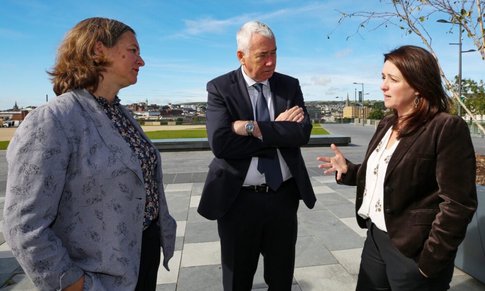 Foyle Women’s Aid/Family Justice Centre launch of research report on paramilitary-related gendered coercive control.

Fleur Anderson, Parliament Under-Secretary of State, Chief Constable John Boutcher, and Aisling Swaine, Professor of Peace, Security & International Law, UCD.

Credit ©Lorcan Doherty